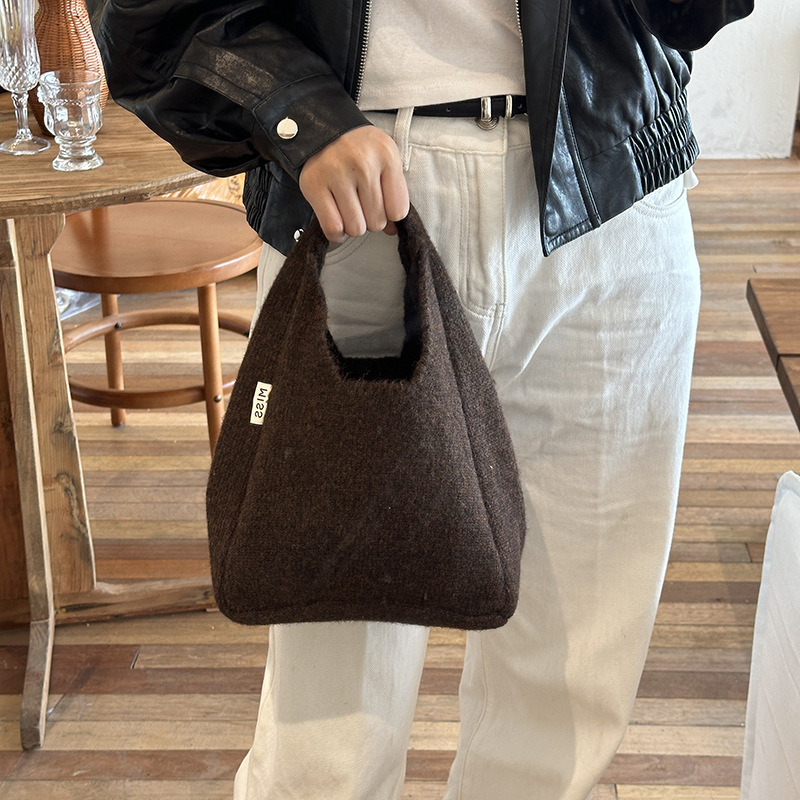 Autumn Winter New Woolen Handbag for Women, Korean Fashion High-end Simple Versatile Solid Color Commuter Tote Bag